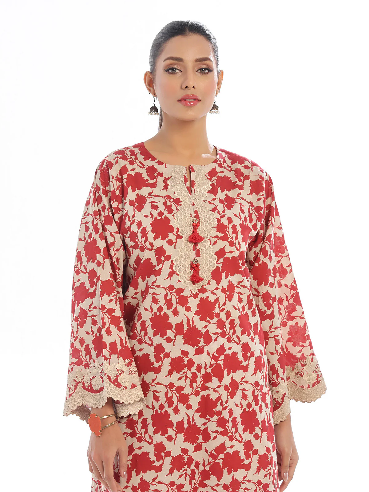 Oaks - Embroidered Pret & Unstitched Shirt Trouser Lawn Red - 2 Piece - Image 2