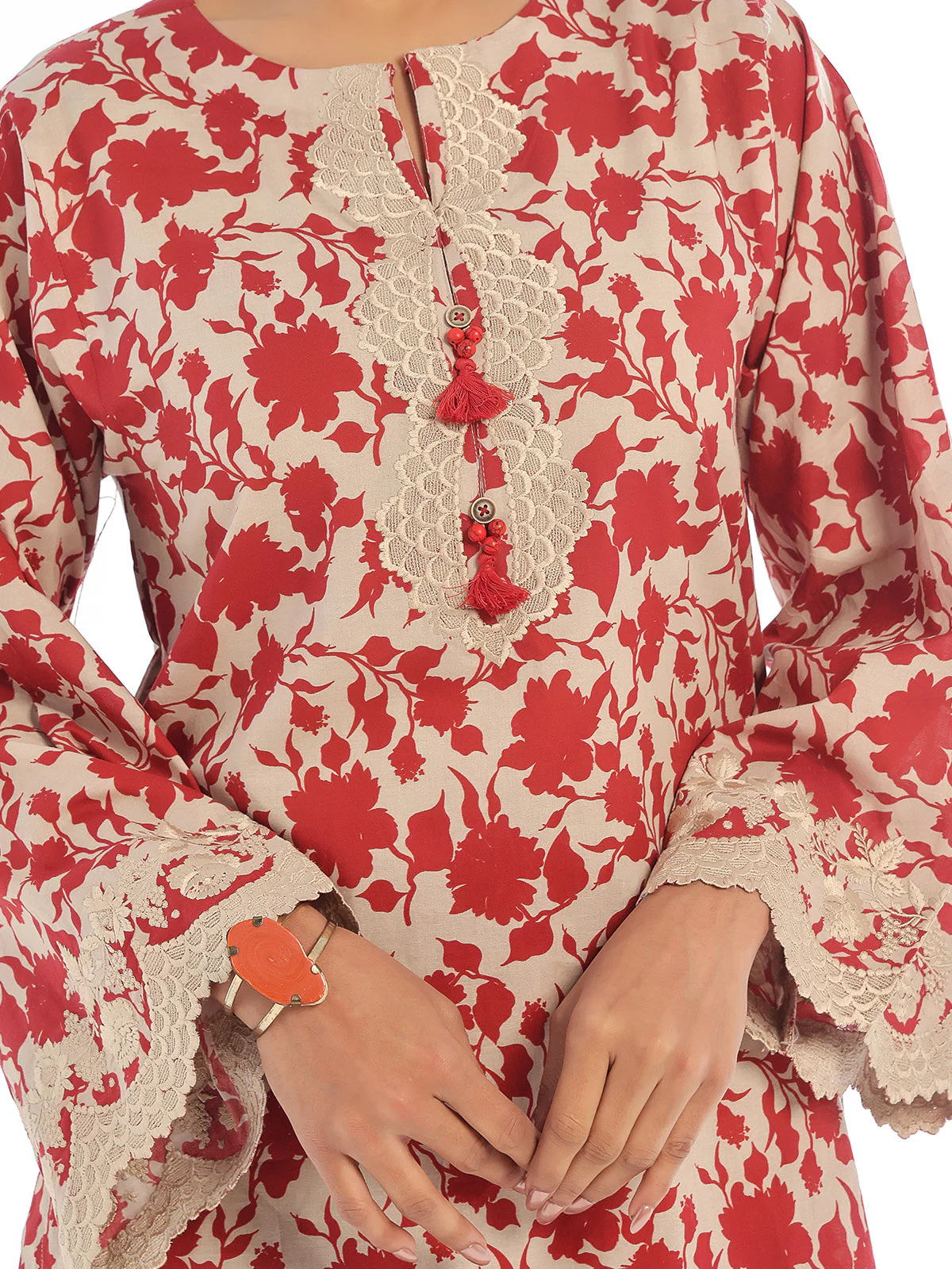Oaks - Embroidered Pret & Unstitched Shirt Trouser Lawn Red - 2 Piece - Image 3