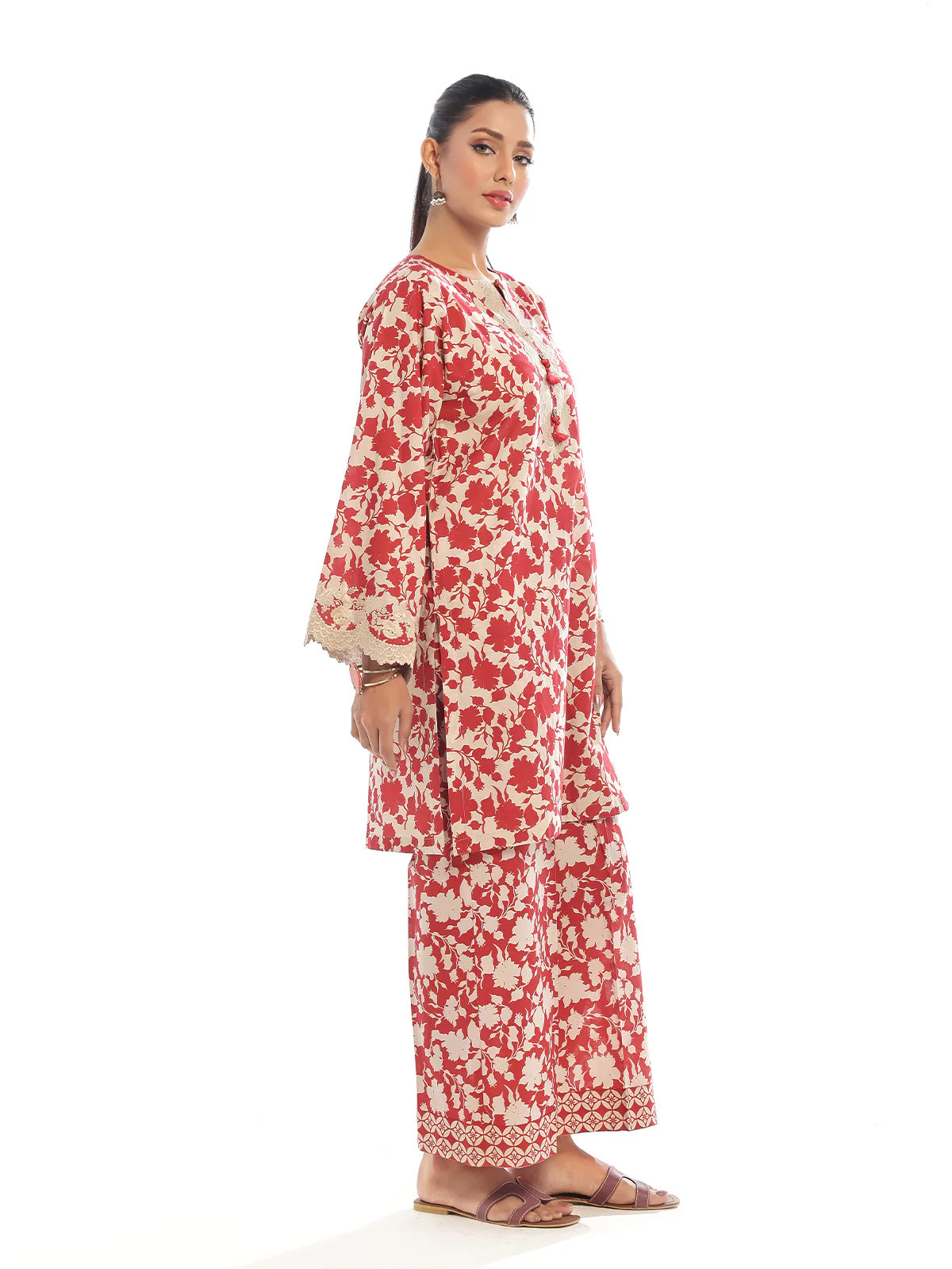 Oaks - Embroidered Pret & Unstitched Shirt Trouser Lawn Red - 2 Piece - Image 4