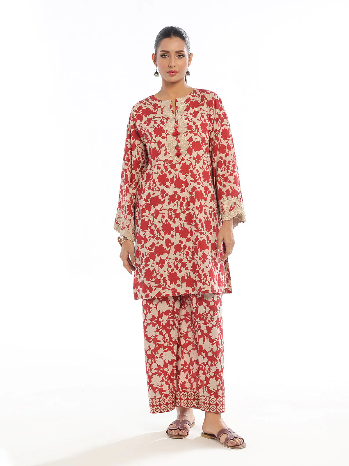 Oaks - Embroidered Pret & Unstitched Shirt Trouser Lawn Red - 2 Piece - Image 6