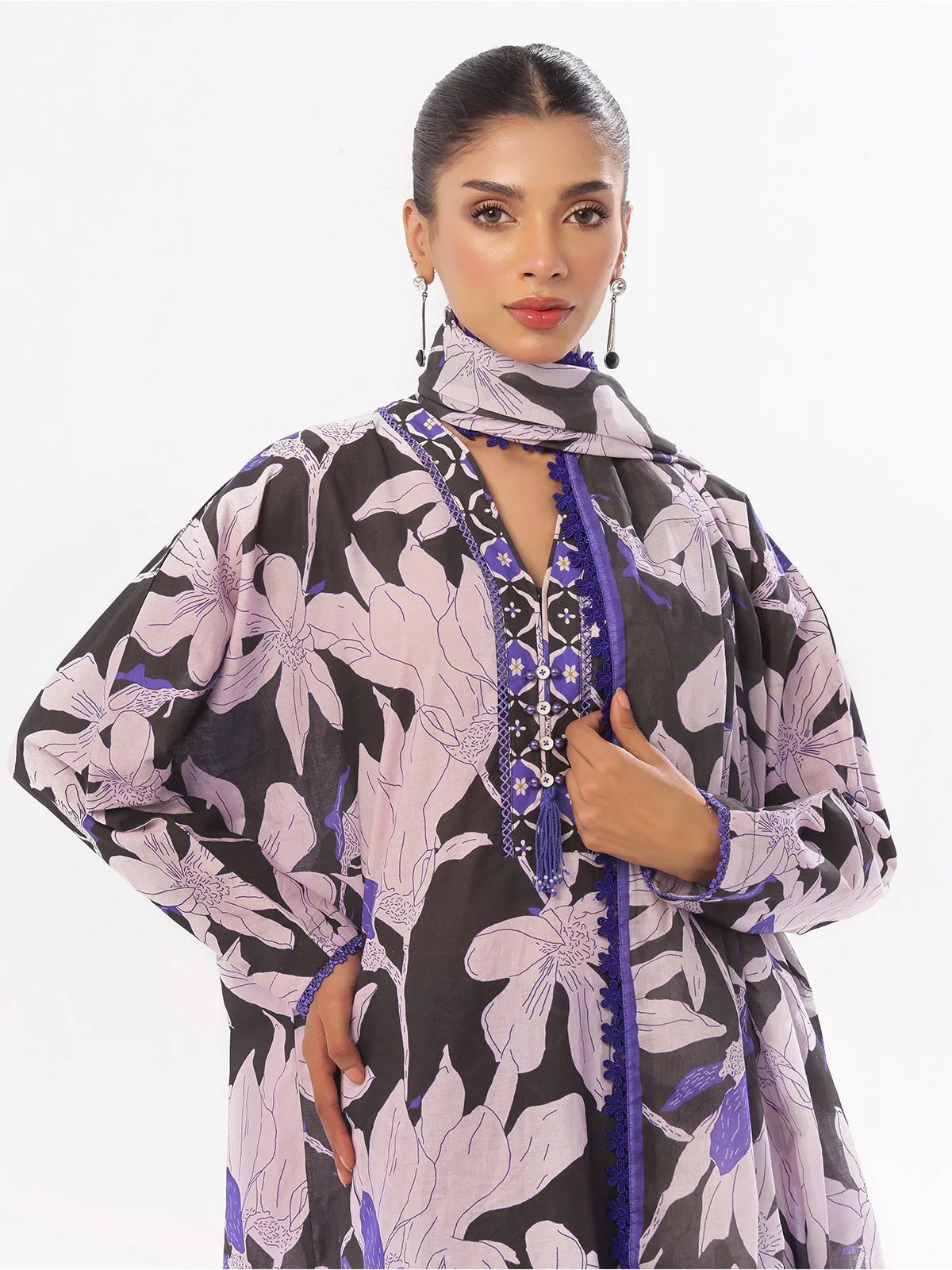 Oaks - Printed Pret & Unstitched Suit Swiss Lawn Black & Blue - 3 Piece - Image 2