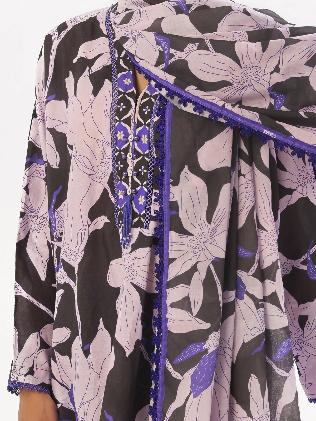 Oaks - Printed Pret & Unstitched Suit Swiss Lawn Black & Blue - 3 Piece - Image 3